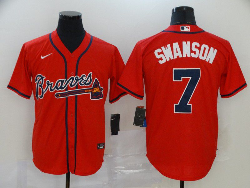 Men Atlanta Braves 7 Swanson Red Nike Game MLB Jerseys